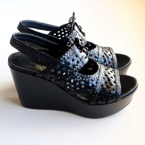 Stephane Kelian Black Leather Platform Wedge Heel Lace Up Sandals / Summer Shoes - Picture 15 of 16